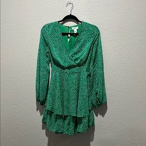 Japna | Green Dress with White Polka Dots | Long Sleeve Ruffle Tiered Skirt Sz M